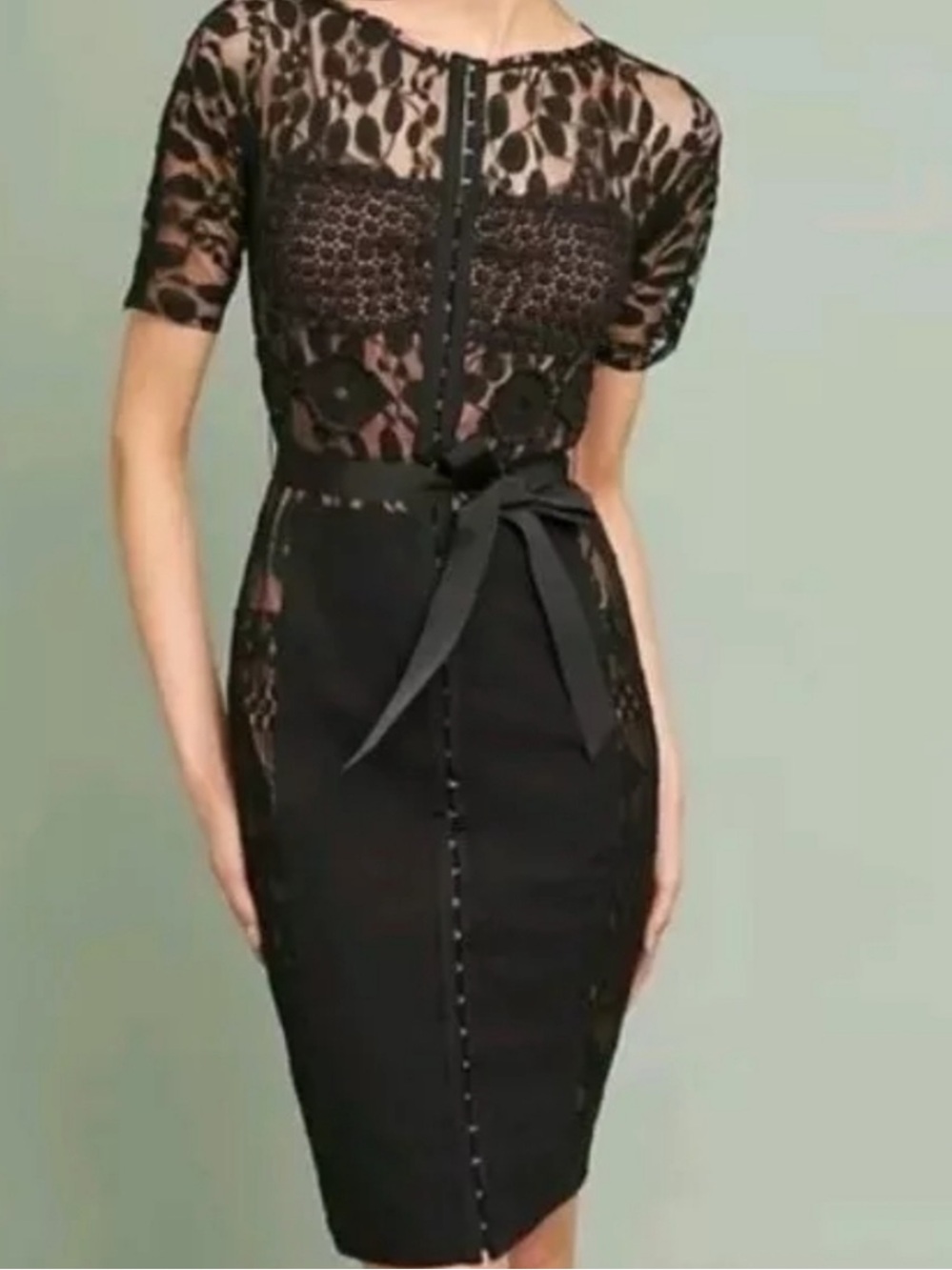 💋Anthropologie Beguile by Byron Lars Black Lace Sheath Dress w/ Bow Belt12 Large